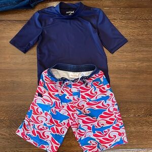 Boys swim set. Cat and Jack rash guard. Hannah Anderson swim trunks.